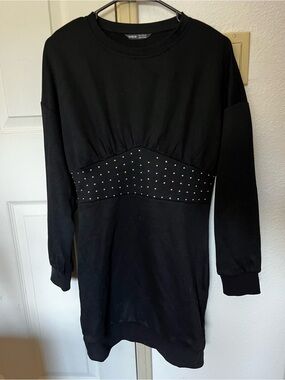 SHEIN Black Long Sleeve Studded Waist Sweater Dress